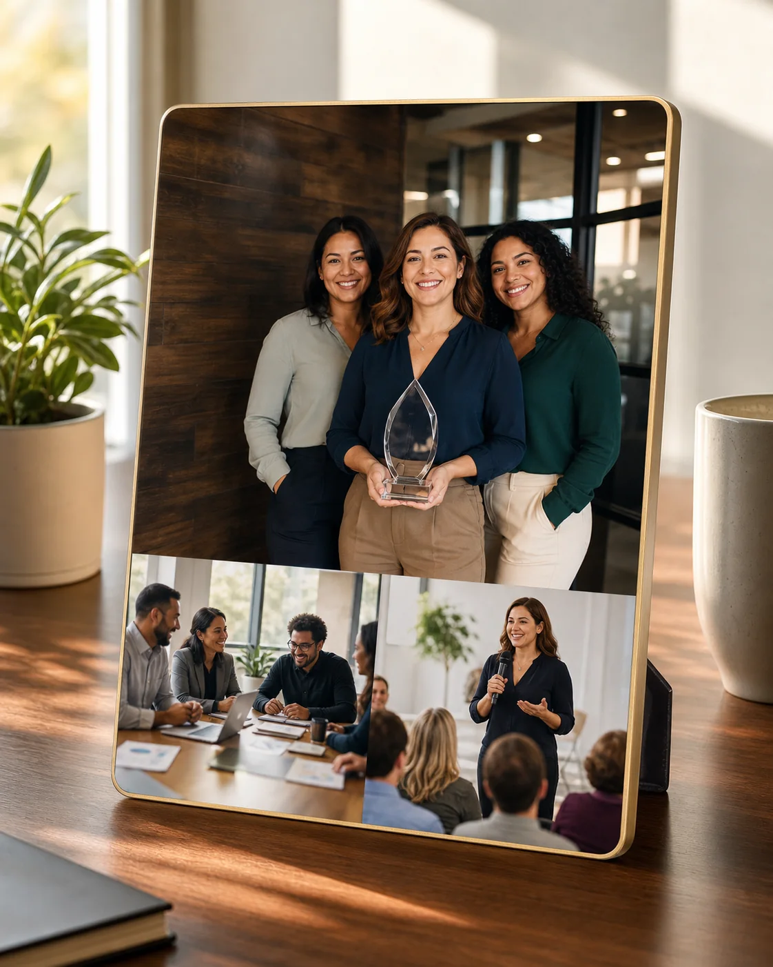 A desktop Story Plaque showing a fictional woman founder with her team, an award, and a community presentation.