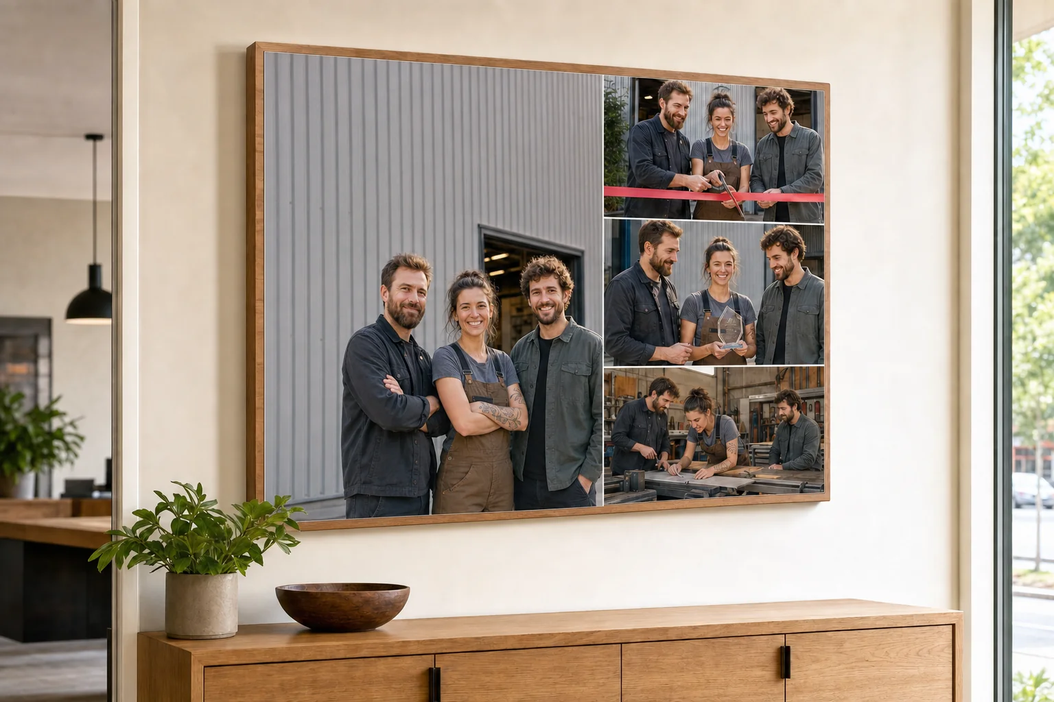 A large wall-mounted Story Plaque showing fictional makers, their ribbon cutting, award, and workshop.