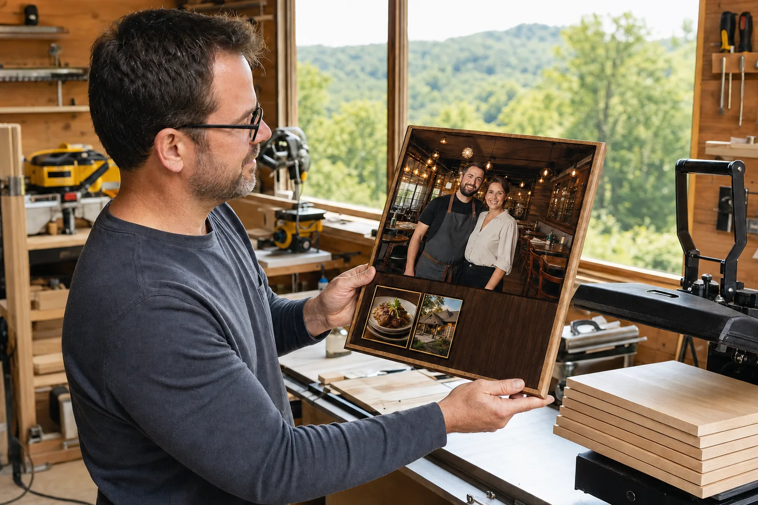 A fictional adult maker inspecting a photo-rich restaurant-award Story Plaque in a bright Ozarks workshop.
