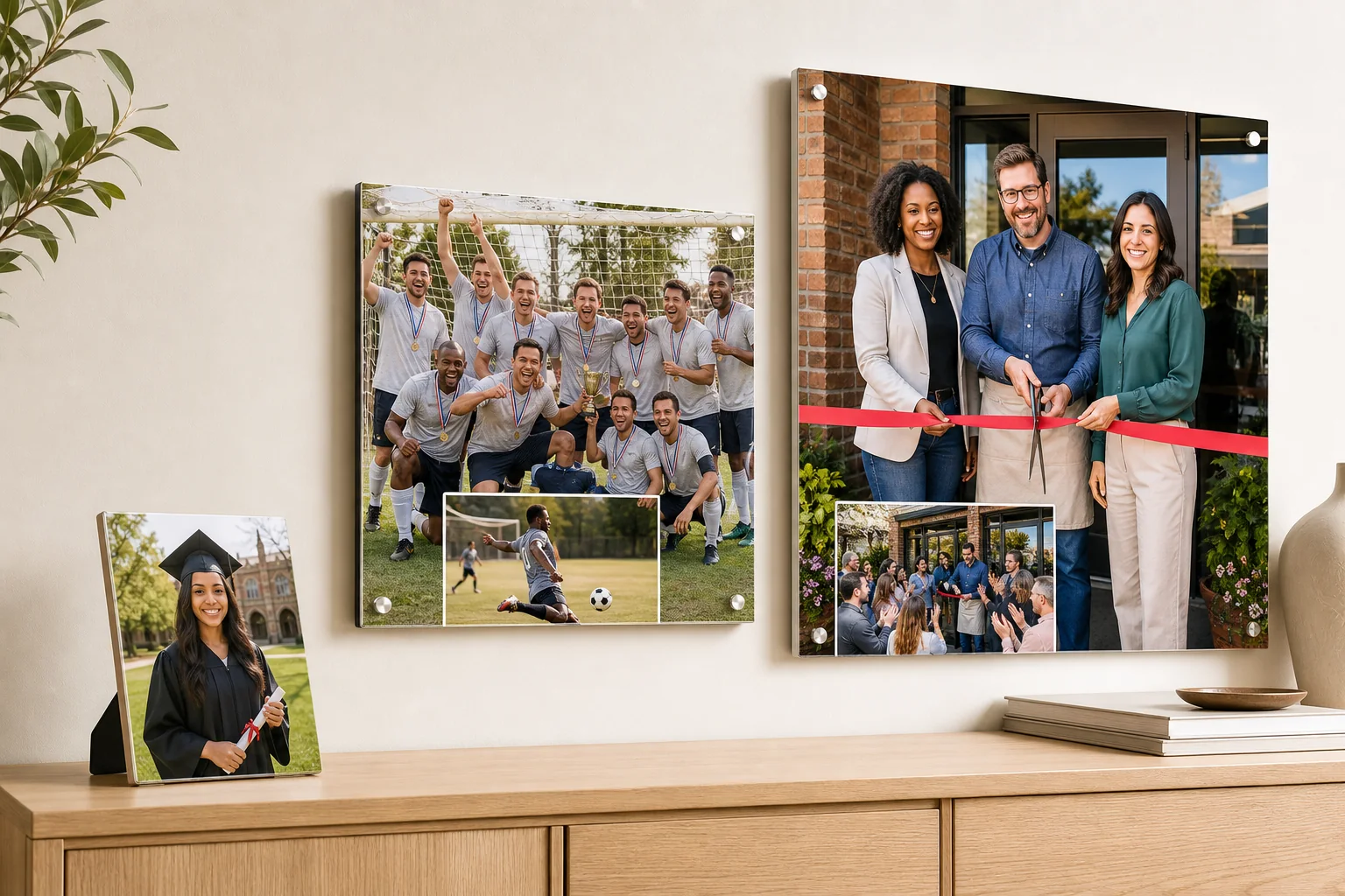 A desktop graduation plaque and two wall-mounted photo plaques celebrating an adult soccer team and a fictional business opening.
