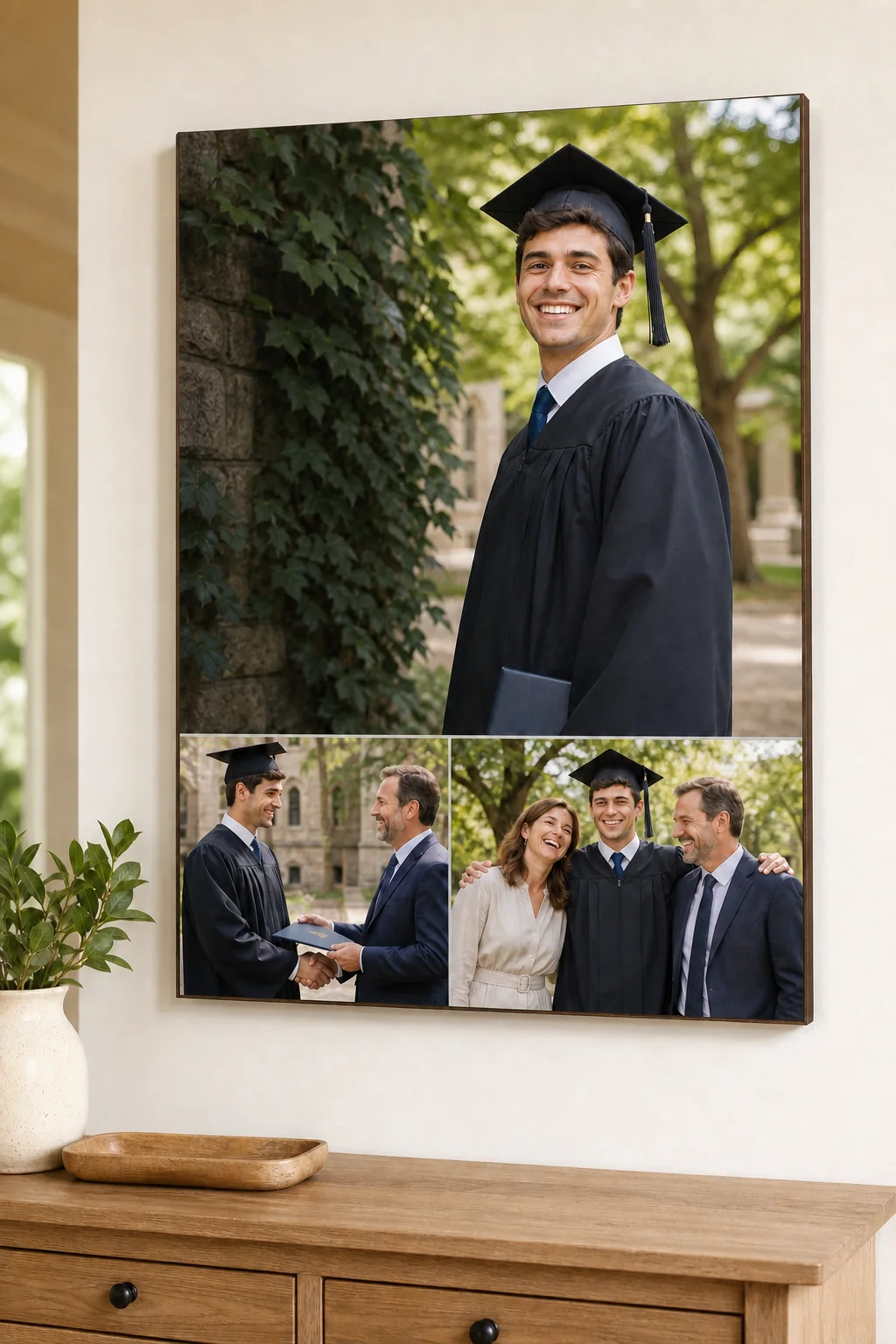 A wall-mounted Story Plaque showing a fictional adult graduate, diploma ceremony, and family celebration.
