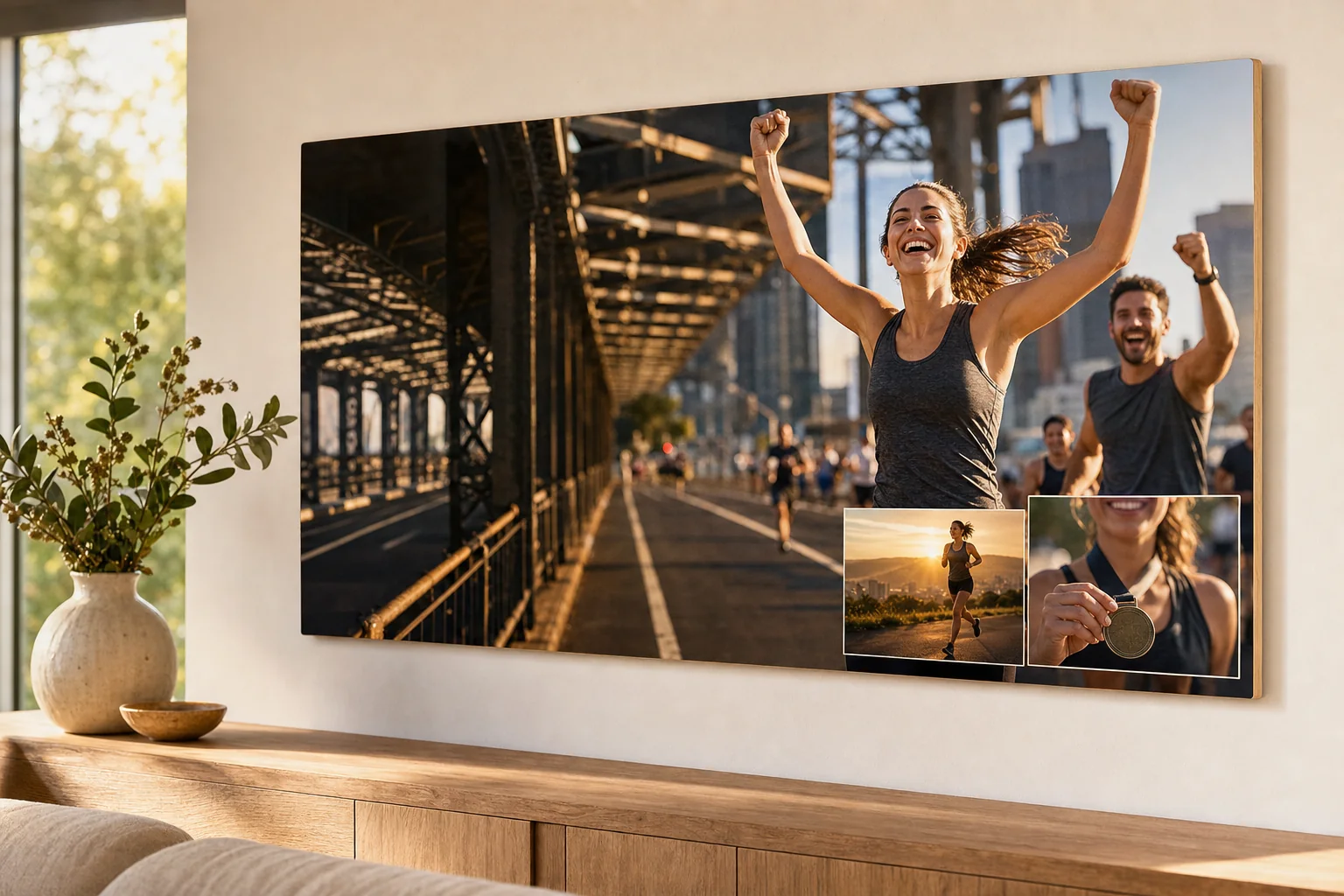 A wall-mounted Story Plaque showing a fictional adult marathoner finishing a race, training, and holding her medal.