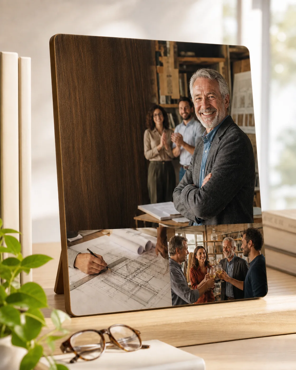 A desktop Story Plaque showing a fictional older adult retiree, architectural drawings, and a farewell toast.