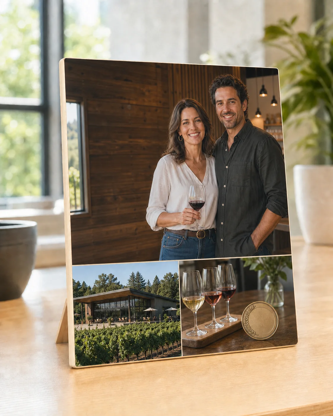 A desktop Story Plaque showing fictional winery owners, their tasting room, a wine flight, and an award.