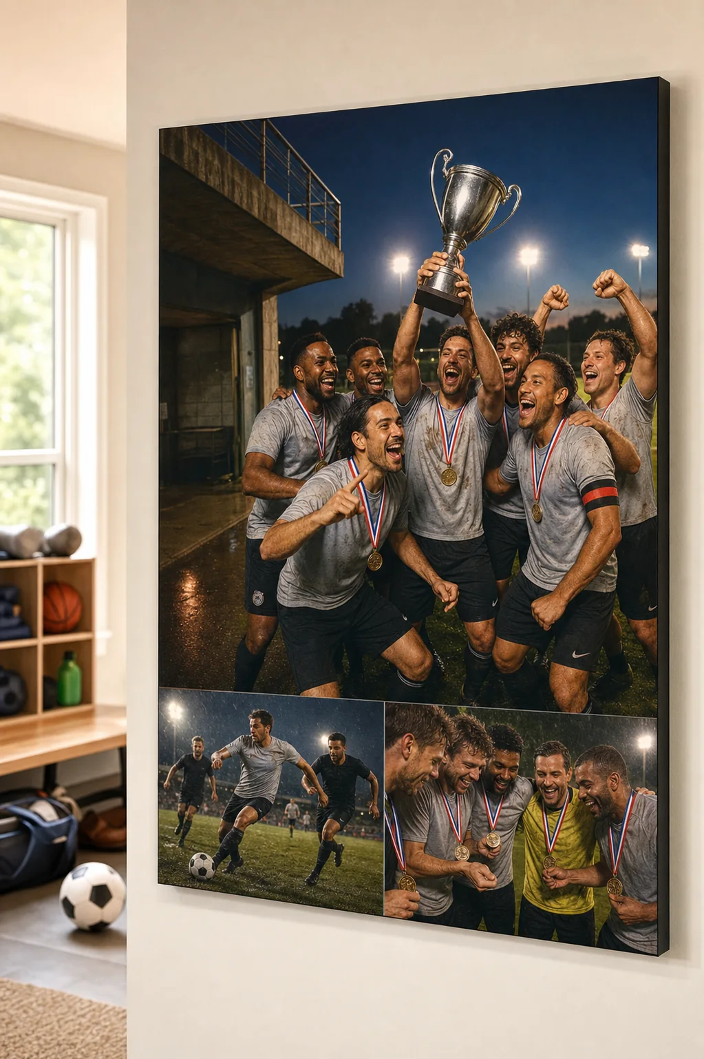 A wall-mounted Story Plaque showing a fictional adult soccer team celebrating, competing, and receiving medals.